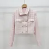 Jaquetas femininas rosa xadrez tecer tweed conjunto strass botões duplo breasted manga longa casaco curto ou a linha mini saia terno