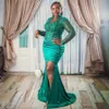 Hunter Green Prom -klänningar för speciella tillfällen V Neck sjöjungfru Långärmar Sequined Lace Illusion Evening Dress Birthday Party klänningar andra mottagningsklänningar