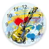 Wall Clocks Colorful Guitar Music Splash Art Round Clock Hanging Silent Time Home Interior Bedroom Living Room Office Decor