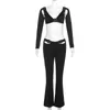 Sonbahar Kışlık Hollow Out Skinny Dönem Kıyafetleri Kadınlar Uzun Kollu V Boyun Sırtsız Üst Gömlek Pantolon İki Parça Eşleştirme Setleri 240227