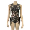 Stage Wear Fringe Strass Bodysuits para Mulheres Night Club Dance Traje Preto Sem Mangas Stretch DJ Gogo Latin Leotard 2024