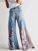 Jeans jeans primavera retalhos denim grande flare vintage zíper streetwear bolso perna larga borlas meados de cintura 240304