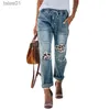 Damen Jeans Jeans Sommer Blau Muster Lose Knöchellang Weites Bein Gerade Hose Löcher Enge Taille Denim 240304