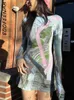 Sıradan elbiseler Boofeenaa Baskılı Uzun Kollu Kısa Y2K Sokak Giyim Modeli Bodycon Mini Elbise Sonbahar Kadın Giysileri 2024 C95-BH24