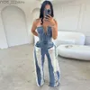 Jeans Jeans Flare Leg Jeans Hollow Solid Out Sexy Club Strapless Sleeveless High-end Ripped High Waist Wide Leg Jumpsuits 240304