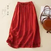 Skirts 2024 Spring Summer Arts Style Women Elastic Waist Loose A-line Vintage Embroidery Cotton Linen Long P303