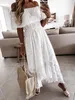 Zomer Witte Jurk voor Vrouwen Kant Zoom Bohemen Korte Mouw Hoge Taille Jurk V-hals Lange Casual Ruche Maxi Jurk 240301