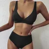 Mulheres de banho sexy com nervuras conjunto biquíni 2024 mujer cintura alta maiô somen v pescoço feminino sólido esporte maiô listra biquinis