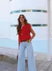 Chalecos de mujer 2024 suelto o-cuello hebilla de metal rojo punto cardigan chaleco moda mujer sin mangas solo pecho elegante calle suéter