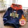 Autumn Winter Boys Hoodies Solid Color Letter Print Foder Plush Thick Warm Casual Pullover For 4-14Y Kids Handsome Sweatshirt 240301