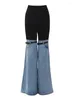 Damenjeans DEAT Fashion Hit Color Spliced High Waist Elastic Patchwork Girding Straight Denim Pants Sommer 2024 7AB018