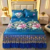 3pcslot çift kişilik yatak sayfası seti klasik dantel kraliyet mavi etek makinesi yıkanabilir düğün yatak örtüsü kapağı 240227