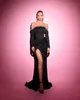 Black sheath evening dresses elegant long sleeves beads off shoulder Prom Dress slit formal dresses for women dresses for special occasions pageant robe de soiree