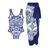 Dames Zwemkleding Blauw Opdruk Brede band Eendelig badpak Slank Ronde hals Ruglooze Monokini Sexy Chiffon Strandjurk Cover-up Modieus 2024