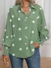 Camicette da donna Camicetta a pois Donna Casual Allentata Manica a lanterna Camicia con risvolto Office Lady Primavera Autunno Chic Top elegante Verde Moda