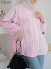 Tops zanzea vintage feminino o pescoço 3/4 manga blusa moda listrado camisa muçulmano dubai turquia abaya topos casual festa ramadan blusas