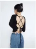 Cardigans Y2k Aesthetic Loose Casual Women Tops Black Hollow Out Bandage Long Sleeve Knitted Cardigan All Match Backless Cropped