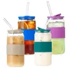 16/20oz Mason Glass Cups With Straw Colorful Rubber Sleeves Glass Tumbler For Beer Iced Coffee Soda Tea Water Juice