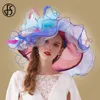 FS Pink Organza Kentucky Derby Hat for Women Wide Brim Beach Big Sun Hats Flowers Eleganckie damskie przyjęcie ślubne Fedoras 2103160o