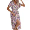 Casual Dresses Women's 2024 Floral Summer Dress V Neck Short Sleeve Belted Ruffle Hem A Line Bohemian Maxi