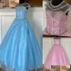 Girl'S Pageant Dresses Pink Girl Dress 2022 Cap Sleeves Blingbling Beading Crystal Ab Stones Pearls Tle Jewel Little Kid Birthday Fo Dhjde