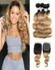 Ombre Fair Bundles z zamknięciem 1B 27 Miód Blond Brazylijska Wave Fave Fave 4 Zgrywanie z koronkami 4x4 Remy Human Hair Extens8437574