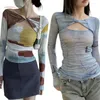 Dames-T-shirts Verfijnd transparant mesh-shirt met lange mouwen Trendy bloemenprint-tops voor dames