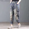 Jeans jeans harajuku bordado étnico vento mulher buraco impressão dos desenhos animados rasgado cintura elástica rabanete denim harem plus size 240304