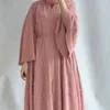 Ethnische Kleidung Eid Ramadan Abaya Dubai Frauen Muslimische Offene Strickjacke Langes Maxikleid Türkei Arabisch Islamisches Bescheidenes Kaftankleid mit Gürtel