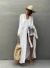 Casual Dresses 2024 Solid Long Sleeve Self Belted Kimono Dress Plus Size Women Elastic Midje Loose Slit Beach A1247
