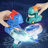 Beyblades Metal Fusion Kids Gyro Toys Dinozor Gyro Chariot Oyuncak Renkli Işık Savaşı Gyro Oyun Dönen Üstler Sevimli Dinozor Araba Başlatıcı Çocuk Hediyesi L240304