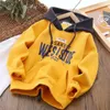 Autumn Winter Boys Hoodies Solid Color Letter Print Foder Plush Thick Warm Casual Pullover For 4-14Y Kids Handsome Sweatshirt 240301