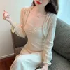 Women's Blouses 2024 Spring Summer Ladies Lace Shirts Sweet Long Flare Sleeve Beaded Collar Womens Short Cardigans Female Blouse Sunscreen