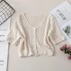 Women's Blouses TingYiLi V-neck Hollow Out Crochet Top Women Summer Button-Front Short Sleeve Knit Shirts Korean Style Ladies White Crop