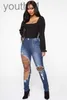 Damesjeans Lente gescheurde jeans dames ketting hangend elastisch katoen kleine voeten broek Q231106 240304