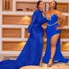 Africano Plus Size Vestidos de Noite Vestidos de Baile Royal Blue Sexy Side Dividir Vestidos Formais Com Grande Arco Envoltório Vestidos de Jantar de Aniversário para Mulheres Negras Festa de Aniversário AM460