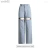 Women's Jeans Womens Jeans CM. Women Diamonds Splicing Cut Out Front Love Back Wide Leg INS Street Pants Trousers 240304