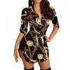 Robes décontractées de base Plus la taille 3XL 4XL Designer Robes de cou à revers Femmes Robe à lacets Boutonnée Chaîne Imprimé Robe de soirée Sexy Bandage Jupe 240304