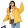 Couro 2023 inverno jaqueta feminina amarelo curto com capuz algodão acolchoado casaco feminino engrossar quente outwear solto à prova dwaterproof água parka femme