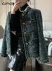 CJFHJE Autumn Winter Loose Retro Tweed Jackets Kvinnor Elegant Luxury Green Plaz Blazers Female Korean Fashion Oneck Suit Coats 240226