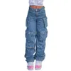 Women's Jeans Cargo Middle Waist Vintage Blue Multiple Pockets Jeans Hip Hop Y2k Trousers 240304