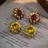 Français printemps mode rétro rubis cerceaux boucles d'oreilles femmes oreille clou plaqué or plein diamants bijoux de créateur E2024-6