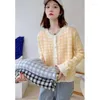 Frauen Strick Plaid Pullover Mantel Weste Zwei-Stück Set 2024 Herbst Lose Sanfte V-ausschnitt Strickjacke Kleidung