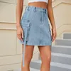 Jupes Mode Bleu Profond Cargo Denim Jupe Femmes Été Couleur Unie Taille Haute Bandage Avec De Grandes Poches Mini Vêtements De Rue