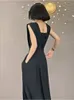 ロングジャンプスーツの女性ブラックトレンディレトロレトロ夏のフェミニンオフィス - 見た目の袖なしシンプルなエレガントなソリッドイブニングドレス240304