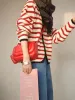 Cardigans Spring Autumn Red White Striped Women French French Beded Knited Cardigan Długie rękawie kurtka kolorowa Y2K H151