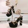 Rene Caovilla Cleo Black And Gold Platform Sandal 13cm Cleo crystal encrusted Square Toes Chunky Heel Evening shoes Luxury Designer Snake Strass party dress shoes