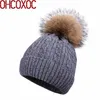 OHCOXOC New Women Beanies Real Fur Pom Poms Ball Cap Keep Warm Beanies Skullies rhinestone beads luxury mink pom winter hats300t