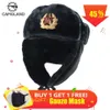 Sovjetisk armé militäremblem Ryssland Ushanka Bomber Hats Pilot Trapper Trooper Hat Winter Faux Rabbit pälar Earflap Men Snow Caps D1901327H