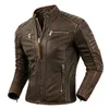Мужская куртка из натуральной кожи с первым слоем из телячьей кожи с воротником-стойкой, мотоциклетная куртка в стиле ретро, коричневая куртка из воловьей кожи, мужская байкерская одежда240304